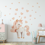 Nálepky na stenu pre dievčatá Unicorn - Jednorožec s bodkami a srdiečkami v akvarelovom štýle