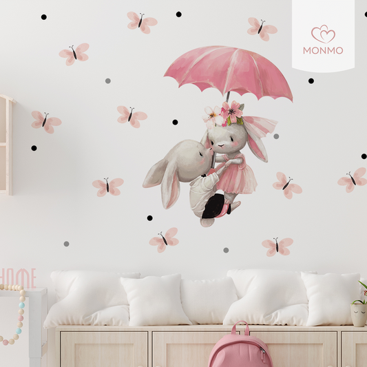Roztomilé zajačiky s dáždníkom – akvarelové nálepky na stenu pre dievčatá